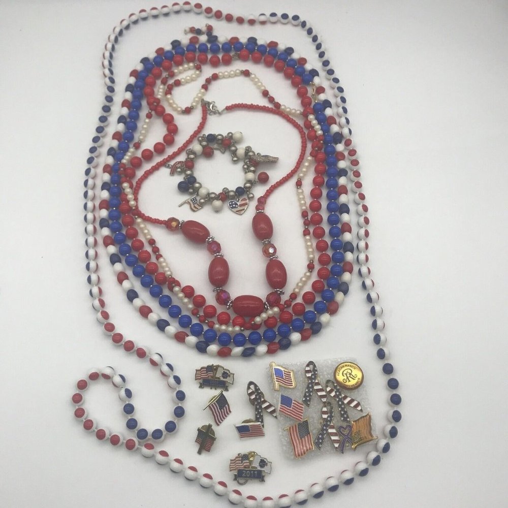 Patriotic Jewelry Lot Beads Flag Pins Charm Bracelet USA July 4th Red White Blue